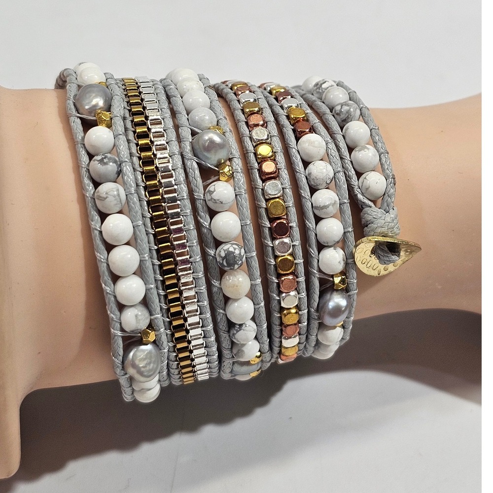 Free Spirit Wrap Bracelet Women Howlite Grey Pearl Mixed Metal Boho Beaded Grey